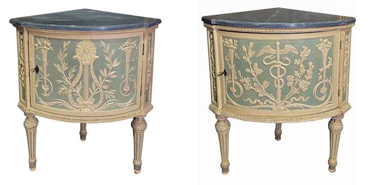 A pair of Neoclassical italian white and pale green painted and carved walnut and poplar corner cupboards, executed after a design by Leonardo Marini(Turin 1737-1810).